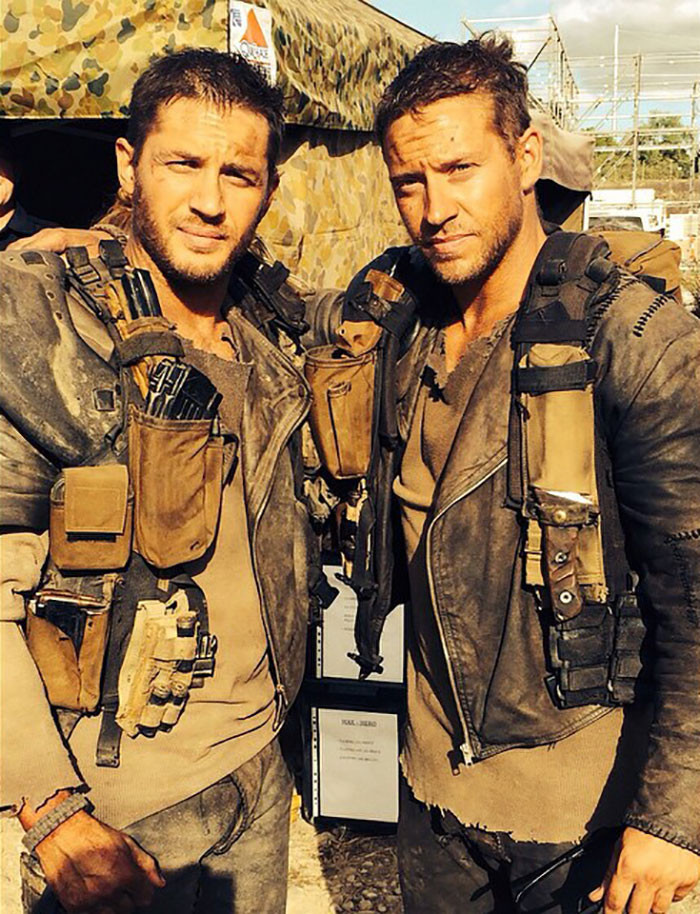 Toms Hārdijs un dubultnieks. "Mad Max: Fury Road".